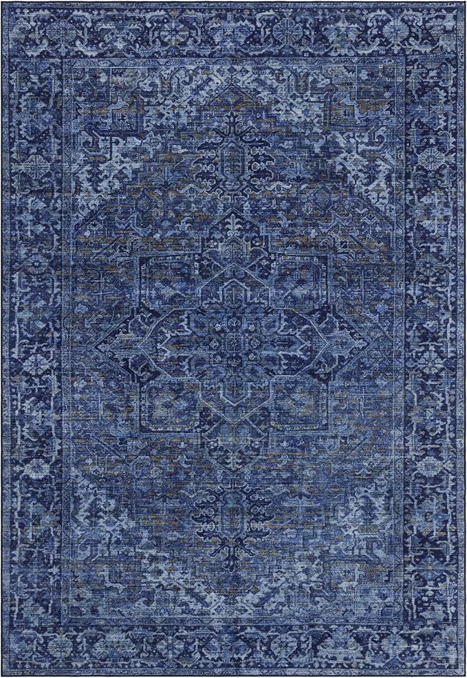 ReaLife Rugs Machine Washable Area Rug Runner - Living Room Bedroom Bathroom Kitchen Entryway Office - Padded Low Pile Stain Resistant Premium - Boho Vintage Traditional - Lyle - Blue 3' x 5'