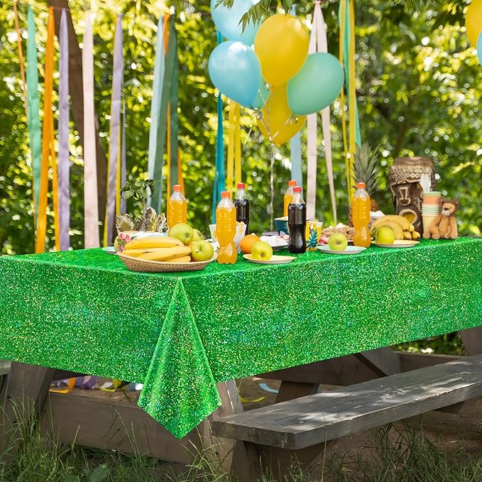 2 pcs Green Holographic Tablecloth 40" x 108" Christmas Table Cloth Shimmer Shining Plastic Metallic Table Cover for Jungle Safari St. Patrick's Day Baby Shower Birthday Party Decoration Supplies