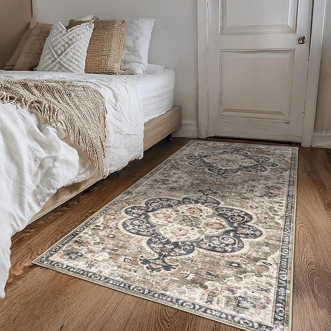 ReaLife Rugs Machine Washable Area Rug - Living Room Bedroom Bathroom Kitchen Entryway Office - Padded Low Pile Stain Resistant Premium - Boho Farmhouse Vintage - Joy - Brown Beige 4' x 6'