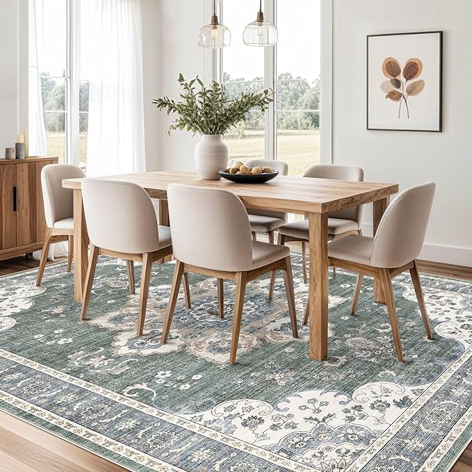 Area Rug for Living Room - 5x7 Soft Washable Oriental Vintage Floral Distressed Large Carpet - Fade Stain Resistant Non Slip Rugs for Bedroom Dining Room Nursery Dorm Office Home Decor - Green