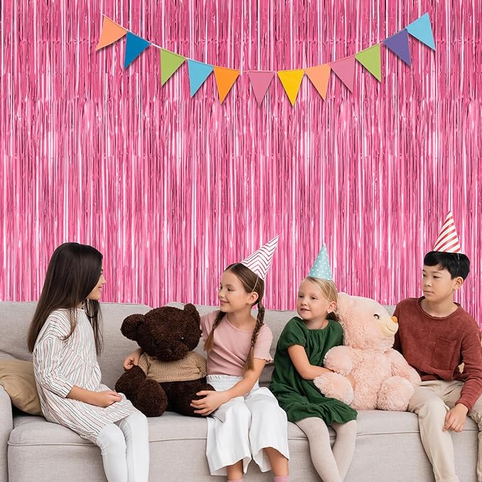 12 Pack Pink Backdrop, 3.28 FT x 7.05 FT Foil Fringe Curtains, Metallic Pink Tinsel Curtain Party Streamer Birthday Backdrop for Girl, Valentines Day Decorations Bachelorette Party Supplies