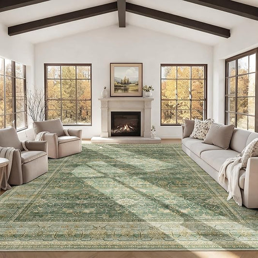 HelloTree Washable Rugs 8x10 Area Rug for Living Room, Vintage Boho Green Rug Non Slip Carpet Retro Accent Indoor Mat Print Distressed Low Pile Throw Large Rug for Office Dining Room Bedside-Green