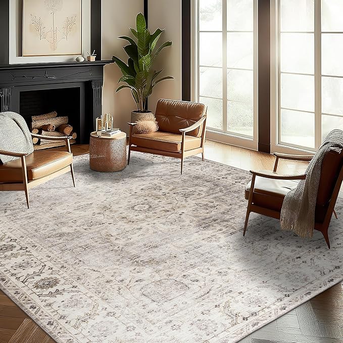 ReaLife Rugs Machine Washable Area Rug - Living Room Bedroom Bathroom Kitchen Entryway Office - Padded Low Pile Stain Resistant Premium - Boho Farmhouse Vintage - Joy - Beige Ivory 6' x 8'