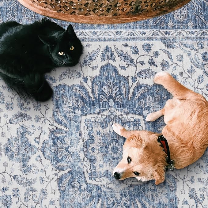 ReaLife Rugs Machine Washable Area Rug Runner - Living Room Bedroom Bathroom Kitchen Entryway Office - Padded Low Pile Stain Resistant Premium - Boho Farmhouse Vintage - Joy - Blue Ivory 2'6" x 6'