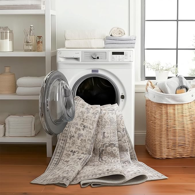 ReaLife Rugs Machine Washable Area Rug - Living Room Bedroom Bathroom Kitchen Entryway Office - Padded Low Pile Stain Resistant Premium - Boho Farmhouse Vintage - Paz - Beige Gray Ivory 2'6" x 8'