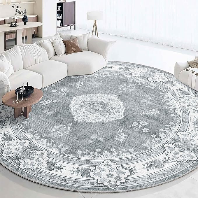 MUJOO Grey Round Rug 9ft,Large Circle Washable Area Rugs for Bedroom Living Room Bathroom,Boho Non Slip Circular Carpet,Floral