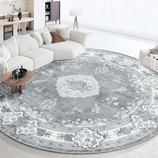 MUJOO Grey Round Rug 9ft,Large Circle Washable Area Rugs for Bedroom Living Room Bathroom,Boho Non Slip Circular Carpet,Floral