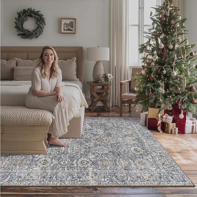 6x9 Washable Rug Vintage Fade Resistant Boho Distressed Non-Slip Indoor Large Carpet Low Pile Lightweight & High-Traffic Safe for Bedroom, Dorm, Playroom - Farmhouse Decor