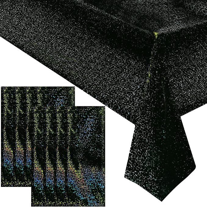 8 Pcs Black Holographic Laser Tablecloths Iridescence Shiny Table Covers 40" x 108" Aqua Foil Rectangle Table cloths for Halloween Baby Shower Undersea Ocean Birthday Party Winner Wedding Party Décor