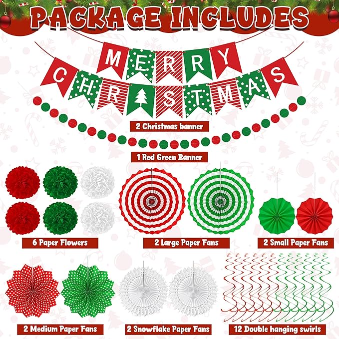 28PCS Christmas Decorations, Christmas Banner Paper Fans Set, Red White Green Pompom Garland Paper Fans Hanging Swirls for Xmas Party Decorations Accessories Indoor Supplies Decor Ugly Sweater Set