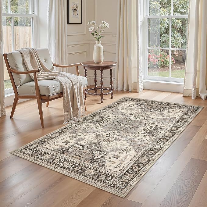 3x5 Washable Entryway Rug: Non-Slip Soft Vintage Floral Indoor Area Rug for Living Room Large Kitchen Entryway Bedroom Bedside, Door Mat Throw Carpet for Laundry Foyer Home Decor (Brown)