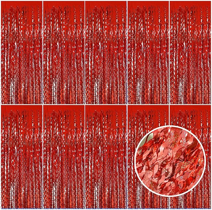 Red Tinsel Foil Fringe Curtains Wavy Backdrop for Parties Sparkle Metallic Wavy Foil Fringe Backdrop Curtain for Party Decorations Photo Booth Props Birthday Graduation Wedding Valentines Decor