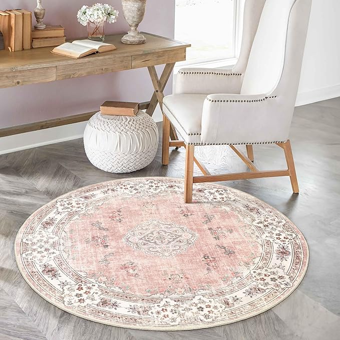 MUJOO Pink Round Rug 4ft,Circle Washable Area Rugs for Bedroom Living Room Bathroom,Boho Small Non Slip Circular Carpet,Blush Floral
