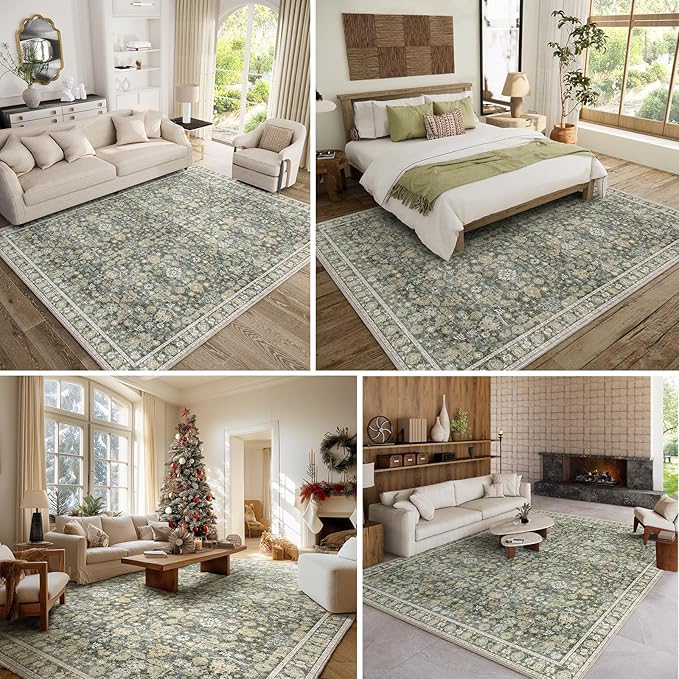 8x10 Washable Area Rugs Ultral Soft Non-Slip Stain Resistant Vintage Boho Large Carpet for High-Traffic Living Room & Dining Room