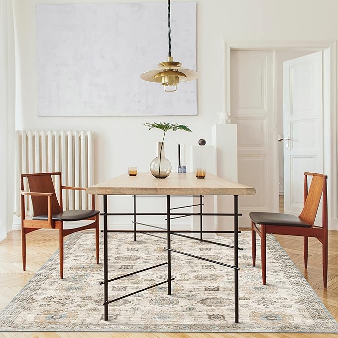 ReaLife Rugs Machine Washable Area Rug Runner - Living Room Bedroom Bathroom Kitchen Entryway Office - Padded Low Pile Stain Resistant Premium - Boho Farmhouse Vintage - Bryn - Beige Seafoam 3' x 5'