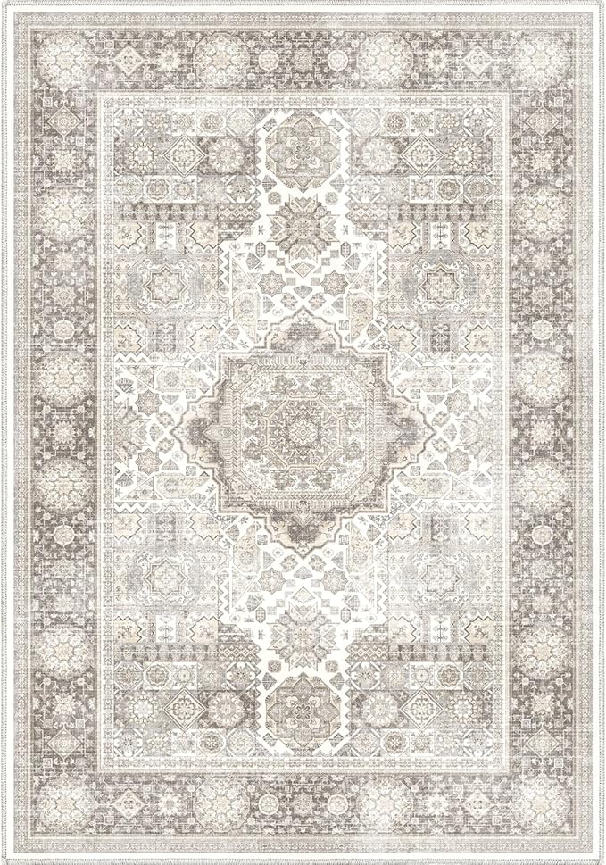 8x10 Rug - Cream & Grey Area Rug - Foldable Non Slip Vintage Rugs for Living Room - Modern Area Rugs 8x10 - Boho Living Room Rugs for Bedroom Dining Room, Distressed Pattern Carpet