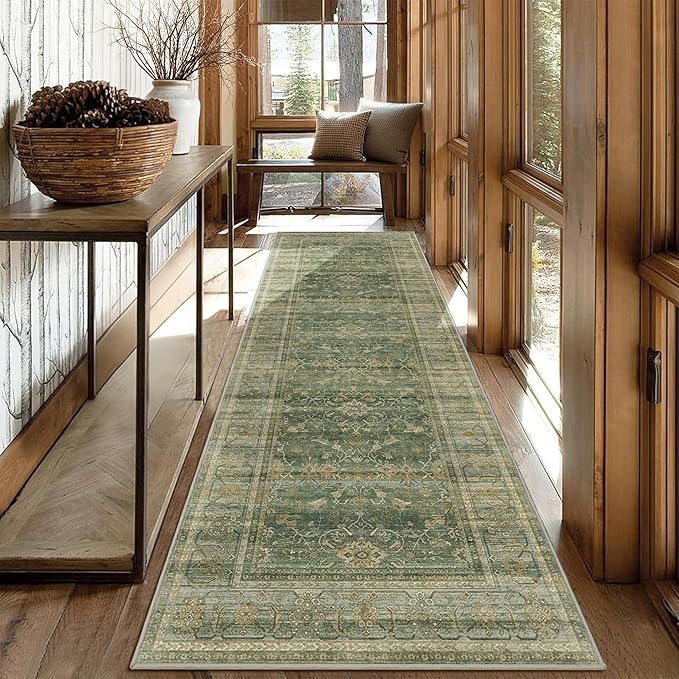 2.6x8 Runner Rug for Hallways Vintage Distressed Non Slip Long Carpet Floral Boho Distress Print Pattern Mat Lightweight Retro Accent Throw Carpet for Kitchen Bedroom Bedside Laundry Room-Green