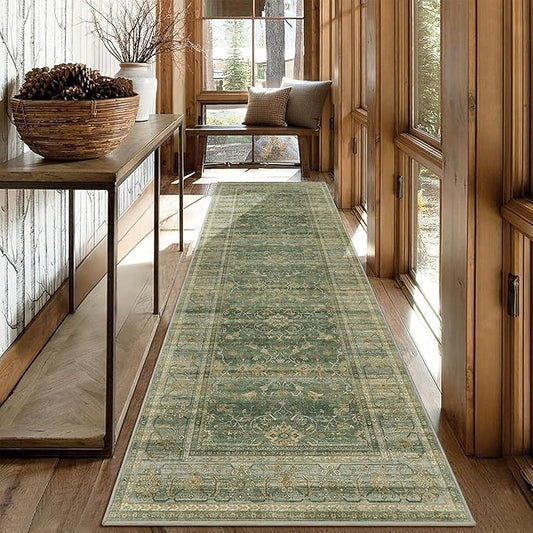 2x6 Runner Rug for Hallways Vintage Distressed Non Slip Long Carpet Floral Boho Distress Print Pattern Mat Lightweight Retro Accent Throw Carpet for Kitchen Bedroom Bedside Laundry Room-Green