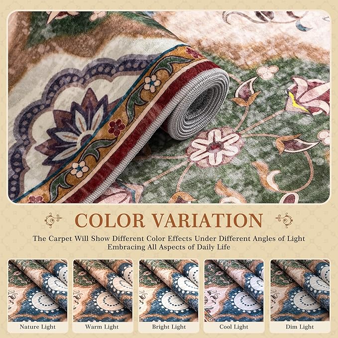 EnHomee 8x10 Area Rug, Soft Washable Rugs for Living Room Bedroom, Boho Non Slip Low Pile Stain Resistant Washable Rug Large Area Rugs for Dining Room,Easy to Clean Living Room Rug, Red & Green