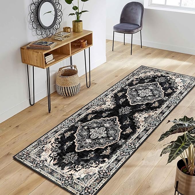 MUJOO Black Runner Rug 2'x6', Long Washable Rug Runners for Hallways Entryway Kitchen Bathroom Bedside,Boho Vintage Bohemian Distressed Farmhouse Non Slip Carpet,Floral