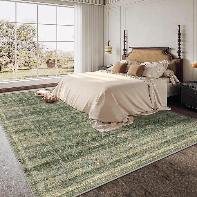 HelloTree Washable Rugs 9x12 Area Rug for Living Room, Vintage Boho Green Rug Non Slip Carpet Retro Accent Indoor Mat Print Distressed Low Pile Throw Large Rug for Office Dining Room Bedside-Green