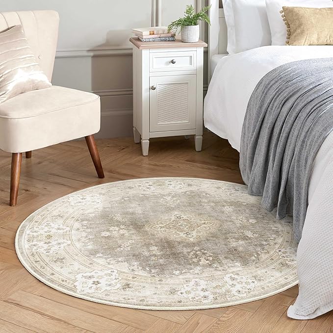 MUJOO Beige Round Rug 4ft,Circle Washable Area Rugs for Bedroom Living Room Bathroom,Vintage Bohemian Distressed Farmhouse Non Slip Circular Carpet,Floral