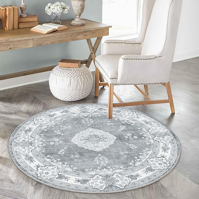 MUJOO Grey Round Rug 4ft,Circle Washable Area Rugs for Bedroom Living Room Bathroom,Vintage Bohemian Distressed Farmhouse Non Slip Circular Carpet,Floral