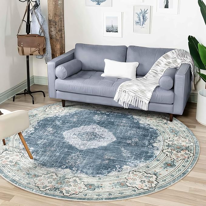 MUJOO Blue Round Rug 6ft,Circle Washable Area Rugs for Bedroom Living Room Bathroom,Boho Large Non Slip Circular Carpet,Floral