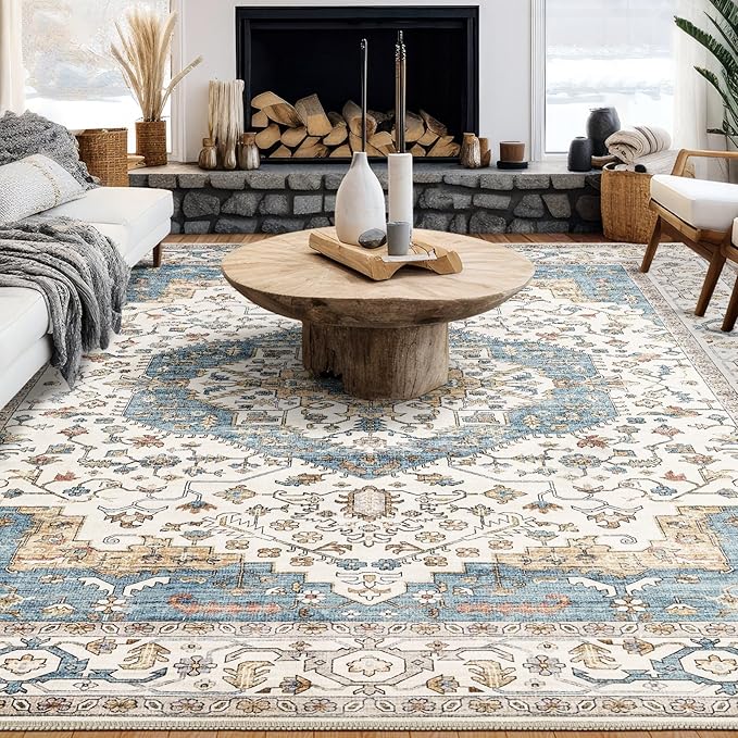 Area Rug for Living Room - 9x12 Soft Washable Oriental Vintage Floral Distressed Large Carpet - Fade Stain Resistant Non Slip Rugs for Bedroom Dining Room Nursery Dorm Office Home Decor - Blue/Beige