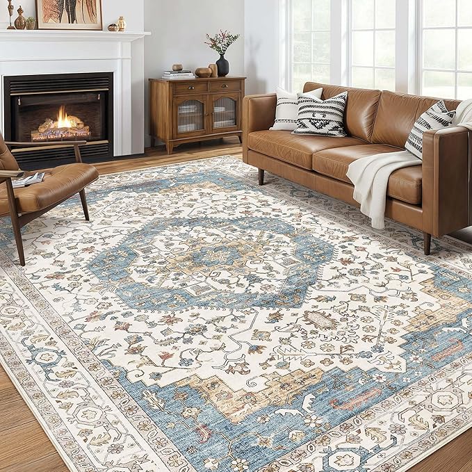 Area Rug for Living Room - 10x14 Soft Washable Oriental Vintage Floral Distressed Large Carpet - Fade Stain Resistant Non Slip Rugs for Bedroom Dining Room Nursery Dorm Office Home Decor - Blue/Beige