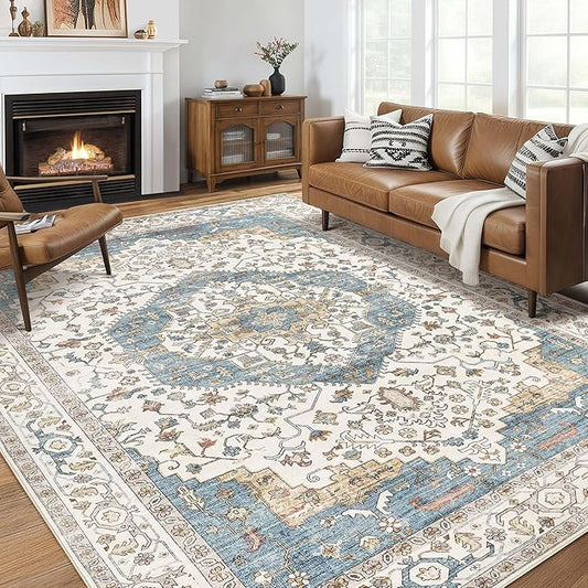 Area Rug for Living Room - 10x12 Soft Washable Oriental Vintage Floral Distressed Large Carpet - Fade Stain Resistant Non Slip Rugs for Bedroom Dining Room Nursery Dorm Office Home Decor - Blue/Beige