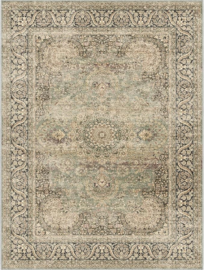 Area Rug 9x12 Olive Charcoal Area Rug 9x12 Indoor Vintage Living Room Carpet Washable Distressed Rug Retro Accent Throw Rug for Office Dining Room Nursery (Olive Charcoal, 9x12 ft)