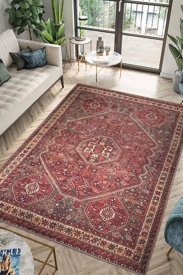 Keen Home Design 5x7 Rug - Machine Washable Area Rug with Non-Slip Backing, Ideal for Living Room, Dining Room, Bedroom - Vintage, Easy Clean, Durable, Low Pile Rug - (5' x 7')