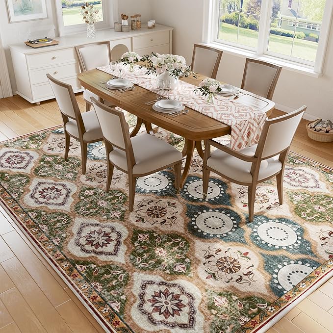 EnHomee Area Rugs 5x7, Soft Washable Rugs for Living Room Bedroom, Boho Non Slip Low Pile Stain Resistant Washable Rug Large Carpet for Dining Room,Easy to Clean Living Room Rug, Red & Green