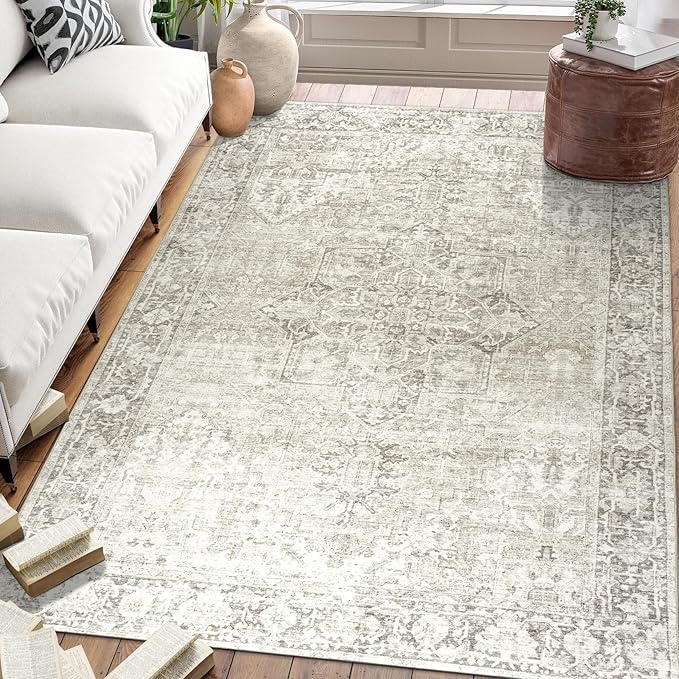 ReaLife Rugs Machine Washable Area Rug Runner - Living Room Bedroom Bathroom Kitchen Entryway Office - Padded Low Pile Stain Resistant Premium - Boho Farmhouse Vintage - Lyle - Beige Ivory 3' x 5'