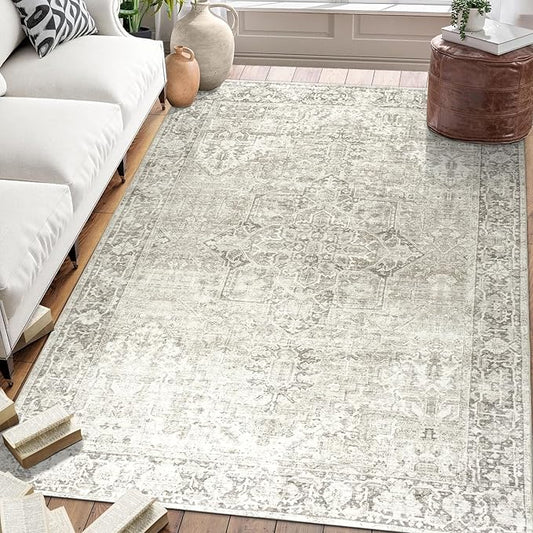 ReaLife Rugs Machine Washable Area Rug - Living Room Bedroom Bathroom Kitchen Entryway Office - Padded Low Pile Stain Resistant Premium - Boho Farmhouse Vintage - Lyle - Beige Ivory 4' x 6'