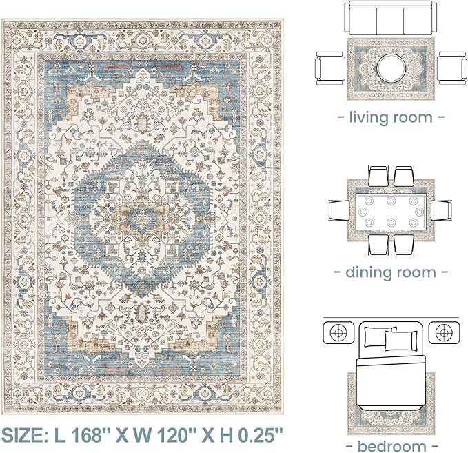Area Rug for Living Room - 10x14 Soft Washable Oriental Vintage Floral Distressed Large Carpet - Fade Stain Resistant Non Slip Rugs for Bedroom Dining Room Nursery Dorm Office Home Decor - Blue/Beige