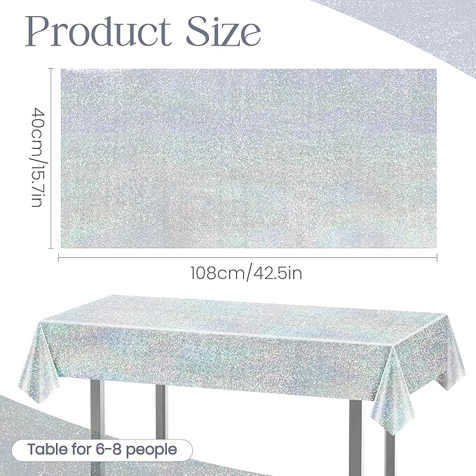 4 pcs Silver Holographic Tablecloths Shiny Disco Laser Table Cloths 40" x 108" Iridescence Plastic White Table Cover for Birthday Party Decoration Wedding Christmas Winter Grad Party Supplies