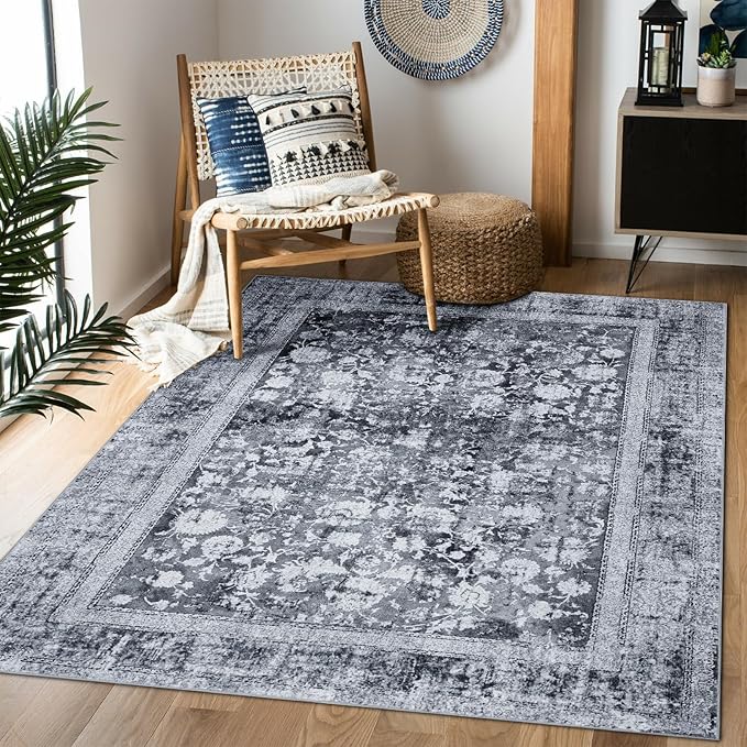 Area Rug 5×7, Vintage Boho Rug,Ultra-Soft Low Pile, Washable, Non Slip,Stain Resistant Printed Carpet for Living Room Bedrooms Playroom Office Kitchen, Stone/Grey