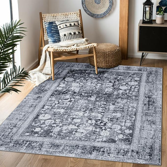 Area Rug 5×7, Vintage Boho Rug,Ultra-Soft Low Pile, Washable, Non Slip,Stain Resistant Printed Carpet for Living Room Bedrooms Playroom Office Kitchen, Stone/Grey