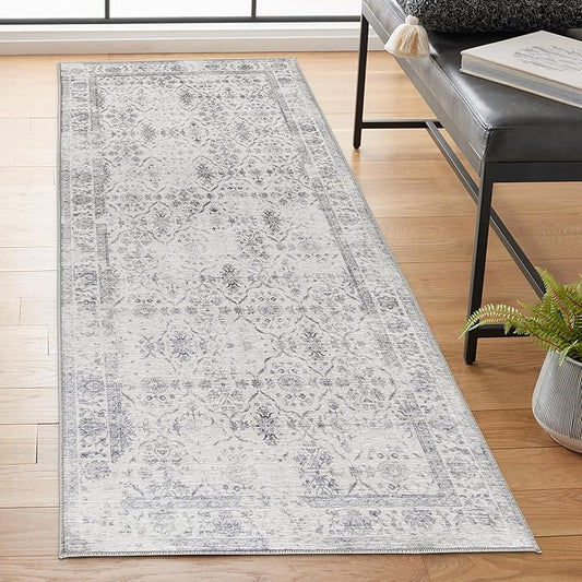 ReaLife Rugs Machine Washable Area Rug Runner - Living Room Bedroom Bathroom Kitchen Entryway Office - Padded Low Pile Stain Resistant Premium - Boho Farmhouse Vintage - Noor - Ivory Grey 2'6" x 8'