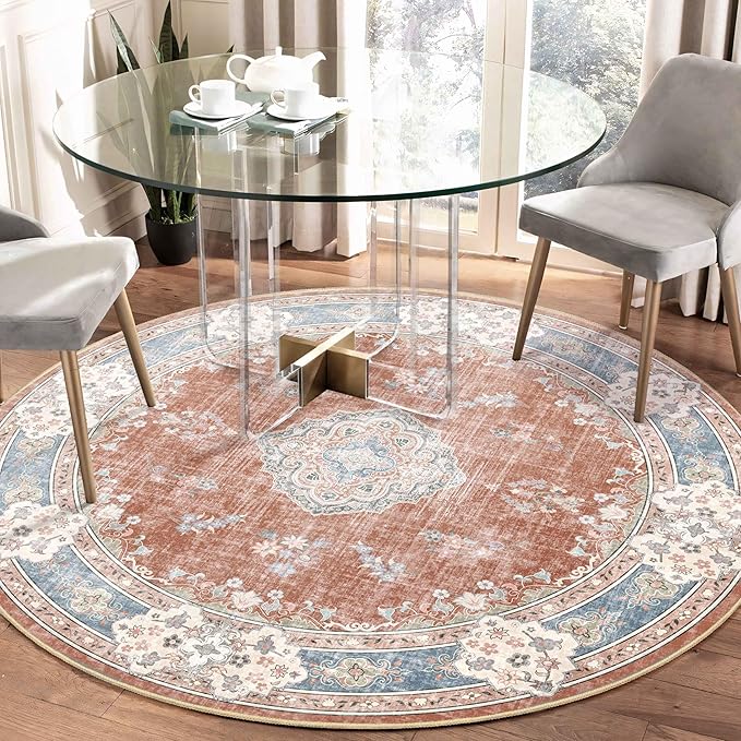 MUJOO Boho Round Rug 5ft,Circle Washable Area Rugs for Bedroom Living Room Bathroom, Large Vintage Distressed Non Slip Circular Carpet,Orange Navy Blue Floral