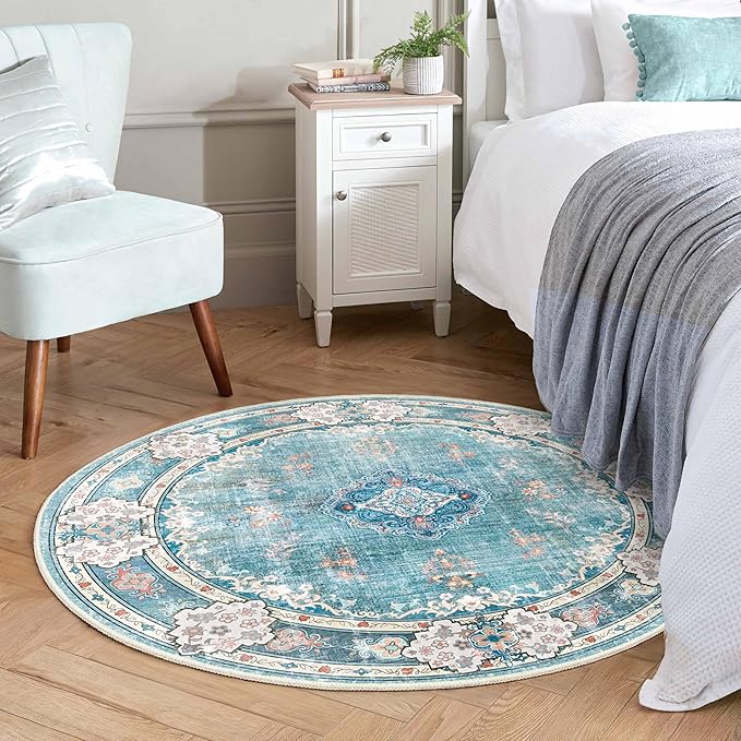 MUJOO Teal Round Rug 4ft,Circle Washable Area Rugs for Bedroom Living Room Bathroom,Boho Small Non Slip Circular Carpet,Floral