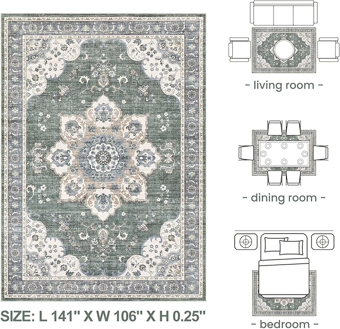 Area Rug for Living Room - 9x12 Soft Washable Oriental Vintage Floral Distressed Large Carpet - Fade Stain Resistant Non Slip Rugs for Bedroom Dining Room Nursery Dorm Office Home Decor - Green