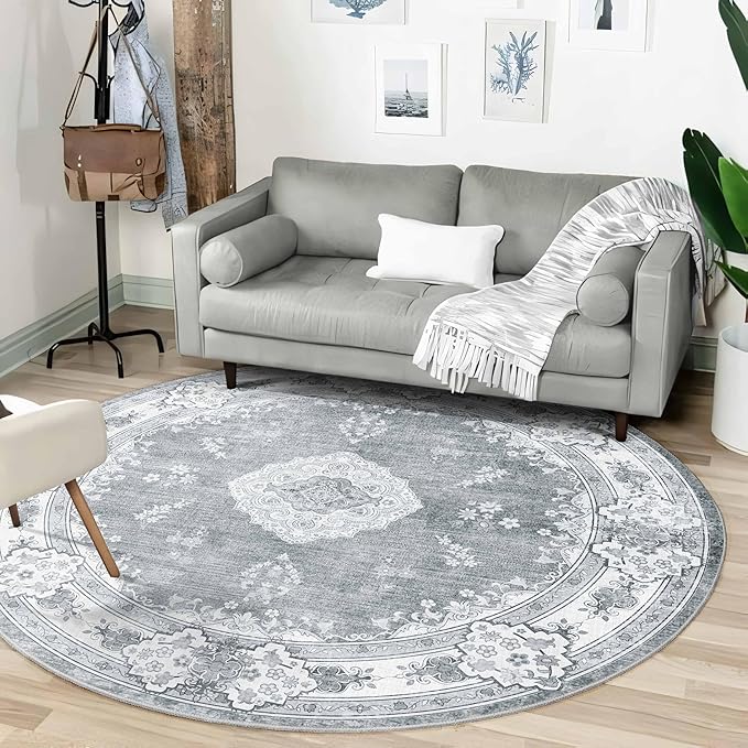 MUJOO Grey Round Rug 6ft,Circle Washable Area Rugs for Bedroom Living Room Bathroom,Boho Large Vintage Bohemian Distressed Farmhouse Non Slip Circular Carpet,Floral