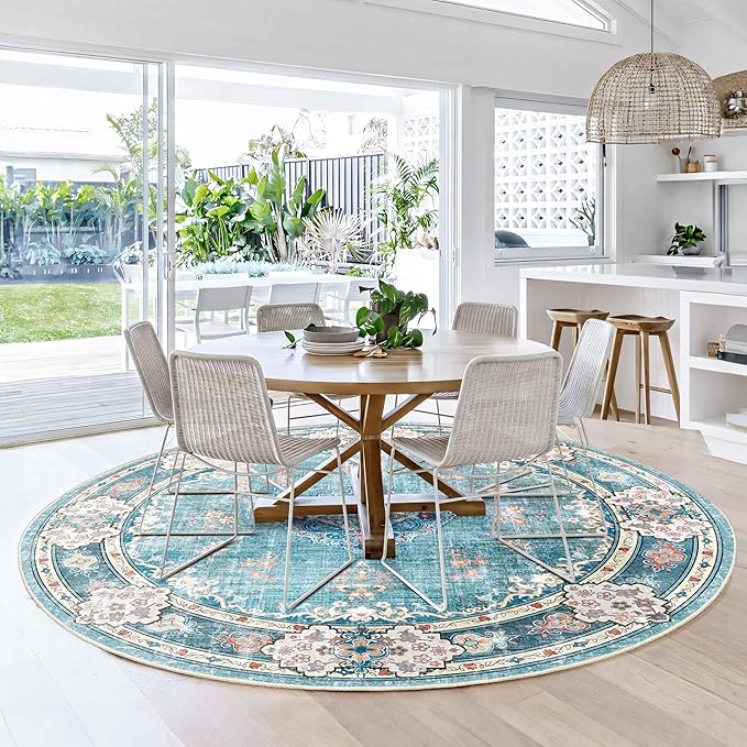 MUJOO Teal Round Rug 6ft,Circle Washable Area Rugs for Bedroom Living Room Bathroom,Boho Large Non Slip Circular Carpet,Floral