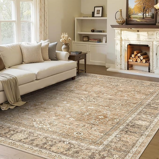 HelloTree Washable Rugs 6x9 Area Rug for Living Room, Vintage Boho Khaki Rug Non Slip Carpet Retro Accent Indoor Mat Print Distressed Low Pile Throw Large Rug for Office Bedside-Khaki