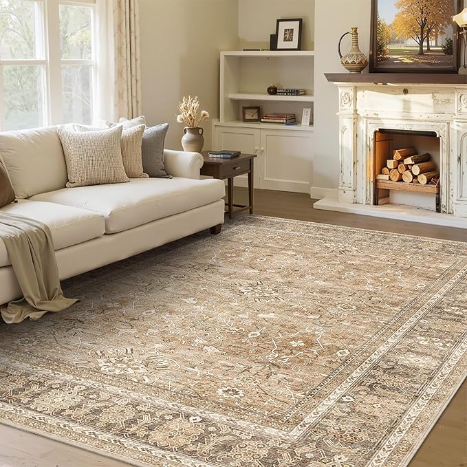 HelloTree Washable Rugs 5x7 Area Rug for Living Room, Vintage Boho Khaki Rug Non Slip Carpet Retro Accent Indoor Mat Print Distressed Low Pile Throw Large Rug for Office Bedside-Khaki