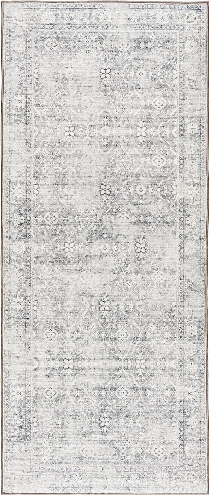 ReaLife Rugs Machine Washable Area Rug Runner - Living Room Bedroom Bathroom Kitchen Entryway Office - Padded Low Pile Stain Resistant Premium - Boho Farmhouse Vintage - Noor - Silver Ivory 2'6" x 6'