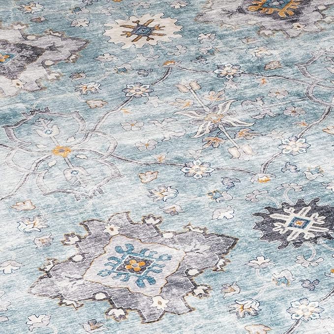 ReaLife Rugs Machine Washable Area Rug - Living Room Bedroom Bathroom Kitchen Entryway Office - Padded Low Pile Stain Resistant Premium - Boho Farmhouse Vintage - BEV - Blue Ivory 7'6" x 9'6"